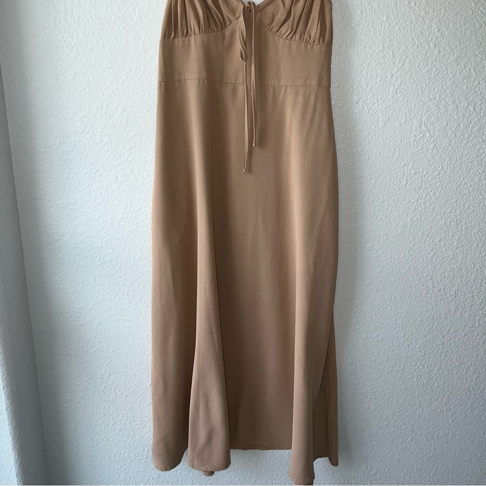 CAMELLIA Y2K Tan Beautiful Open Side Zipper MIDI Dress Size L. - Picture 10 of 12